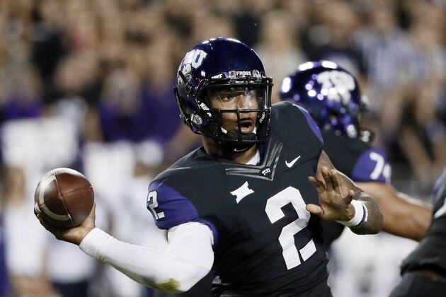 TCU quarterback Trevone Boykin (2) passes in the first half of an NCAA college football game against West Virginia Thursday, Oct. 29, 2015, in Fort Worth, Texas. (AP Photo/Tony Gutierrez)