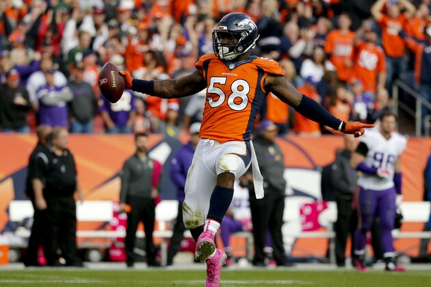 Denver Broncos outside linebacker Von Miller celebrates after sacking Minnesota Vikings quarterback Teddy Bridgewater during the second half of an NFL football game Sunday, Oct. 4, 2015, in Denver. (AP Photo/Jack Dempsey)