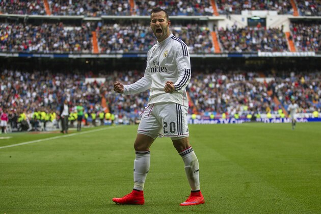 Real Madrid's Jese Rodriguez celebrates his goal during a Spanish La Liga soccer match between Real Madrid against Eibar at the Santiago Bernabeu stadium in Madrid, Spain, Saturday, April 11, 2015. (AP Photo/Andres Kudacki)