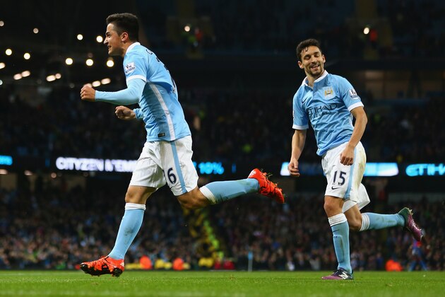 MANCHESTER, ENGLAND - OCTOBER 28: Manu Garcia (L) of Manchester City celebrates scoring his sides fifth goal during the Capital One Cup fourth round match at the Etihad Stadium on October 28, 2015 in Manchester, England.  (Photo by Michael Steele/Getty Images)