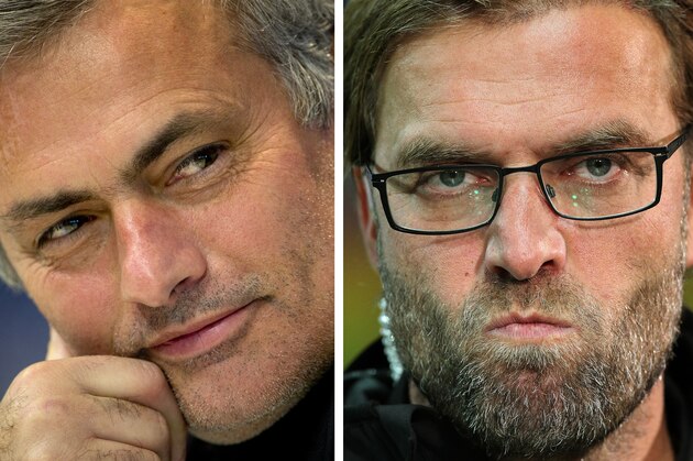 Combo of two file pictures shows Real Madrid's Portuguese head coach Jose Mourinho (L, December 3, 2012 in Madrid) and Borussia Dortmund's head coach Juergen Klopp (R, September 25, 2012 in Frankfurt am Main). Real Madrid will play Borussia Dortmund in the UEFA Champions League semi-final, first leg match on April 24, 2013.       AFP PHOTO / PIERRE-PHILIPPE MARCOU / DANIEL ROLAND        (Photo credit should read PIERRE-PHILIPPE MARCOU / DANIEL /AFP/Getty Images)