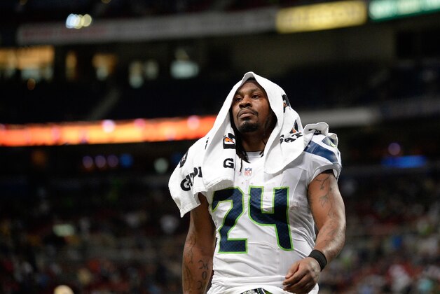 Sep 13, 2015; St. Louis, MO, USA; Seattle Seahawks running back Marshawn Lynch (24) walks off the field after the first half against the St. Louis Rams at the Edward Jones Dome. The Rams defeated the Seahawks 34-31 in overtime. Mandatory Credit: Jeff Curry-USA TODAY Sports