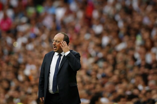 Real Madrid's head coach Rafael Benitez gestures during a La Liga soccer match between Real Madrid and Malaga at the Santiago Bernabeu stadium in Madrid, Spain, Saturday, Sept. 26, 2015. (AP Photo/Daniel Ochoa de Olza)
