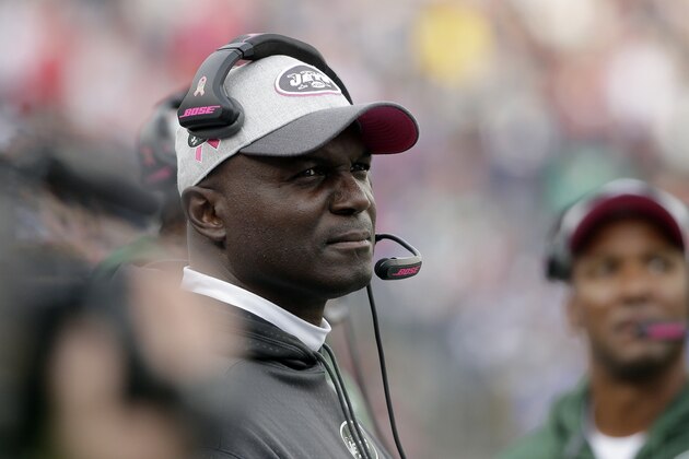 New York Jets head coach Todd Bowles watches action from the sideline during the second half of an NFL football game against the New England Patriots, Sunday, Oct. 25, 2015, in Foxborough, Mass. (AP Photo/Steven Senne)