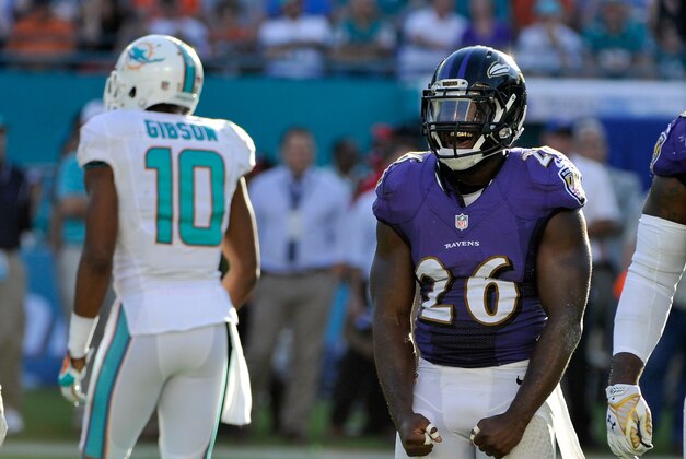 Dec 7, 2014; Miami Gardens, FL, USA; Baltimore Ravens strong safety Matt Elam (26) reacts against the Miami Dolphins during the second half at Sun Life Stadium. Ravens won 28-13.  Mandatory Credit: Steve Mitchell-USA TODAY Sports