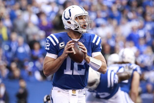 Indianapolis Colts quarterback Andrew Luck (12) in the second half of an NFL football game against the New Orleans Saints in Indianapolis, Sunday, Oct. 25, 2015. The Saints defeated the Colts 27-21.  (AP Photo/R Brent Smith)
