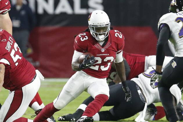 Arizona Cardinals running back Chris Johnson (23) during an NFL football game against the Baltimore Ravens, Monday, Oct. 26, 2015, in Glendale, Ariz. (AP Photo/Rick Scuteri)