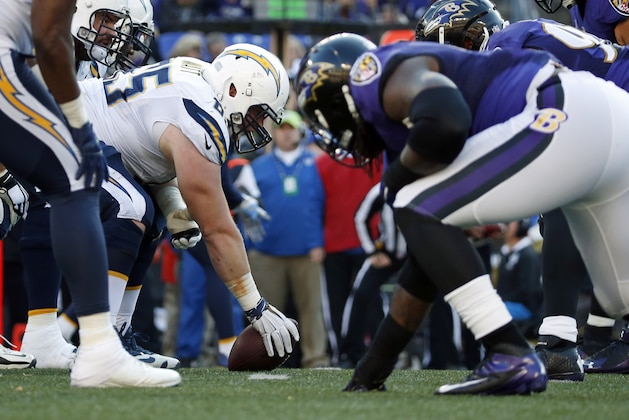 The San Diego Chargers and Baltimore Ravens line up for a play in the second half of an NFL football game, Sunday, Nov. 30, 2014, in Baltimore. (AP Photo/Alex Brandon)