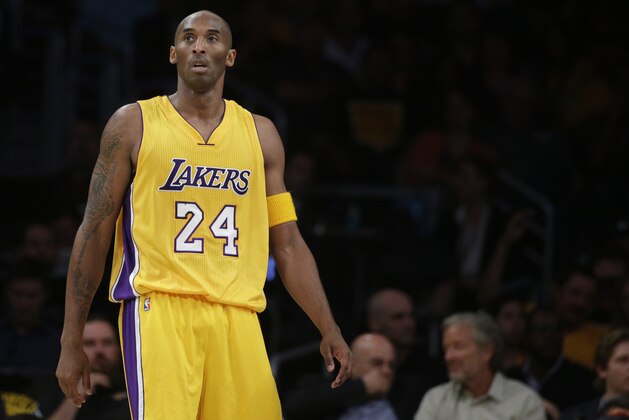 Los Angeles Lakers' Kobe Bryant looks on during the first half of an NBA basketball game against the Minnesota Timberwolves, Wednesday, Oct. 28, 2015, in Los Angeles. (AP Photo/Jae C. Hong)