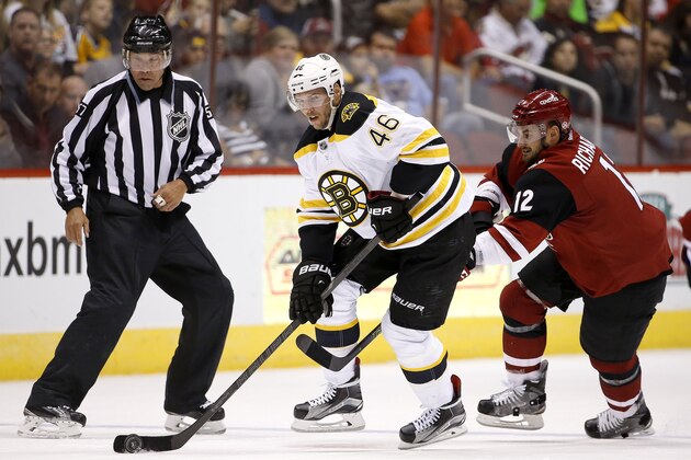 Boston Bruins' David Krejci (46), of the Czech Republic, skates with the puck in front of Arizona Coyotes' Brad Richardson (12) during the first period of an NHL hockey game Saturday, Oct. 17, 2015, in Glendale, Ariz.  The Bruins defeated the Coyotes 5-3. (AP Photo/Ross D. Franklin)