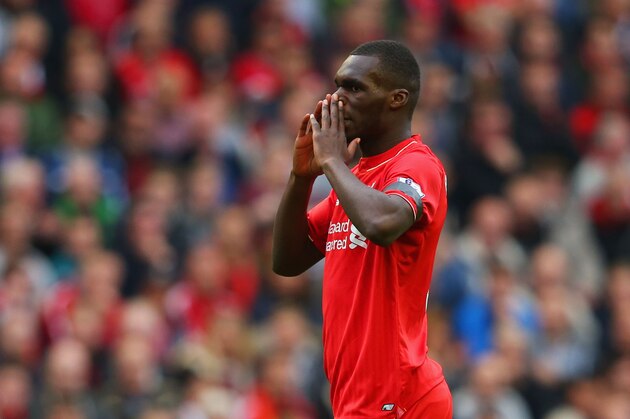 LIVERPOOL, ENGLAND - SEPTEMBER 20:  Christian Benteke of Liverpool reacts during the Barclays Premier League match between Liverpool and Norwich City at Anfield on September 20, 2015 in Liverpool, United Kingdom.  (Photo by Alex Livesey/Getty Images)