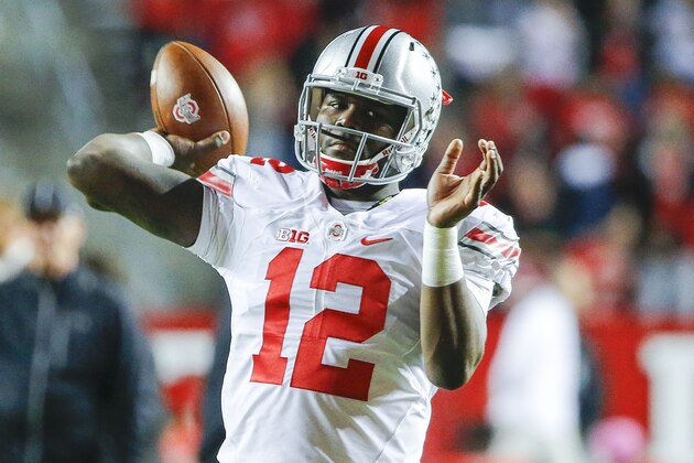 Oct 24, 2015; Piscataway, NJ, USA;  Ohio State Buckeyes quarterback Cardale Jones (12) prior to the game against the Rutgers Scarlet Knights at High Points Solutions Stadium. Mandatory Credit: Jim O'Connor-USA TODAY Sports