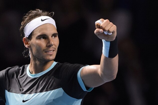 Spain's Rafael Nadal celebrates his victory during his semi-final match against France's Richard Gasquet at the Swiss Indoors tennis tournament on October 31, 2015 in Basel, northern Switzerland.  AFP PHOTO / FABRICE COFFRINI        (Photo credit should read FABRICE COFFRINI/AFP/Getty Images)