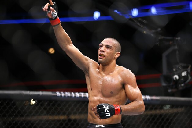 Edson Barboza celebrates after his fight with Paul Felder during their lightweight mixed martial arts bout during UFC Chicago on Saturday, July 25, 2015, in Chicago. (AP Photo/Jeff Haynes)