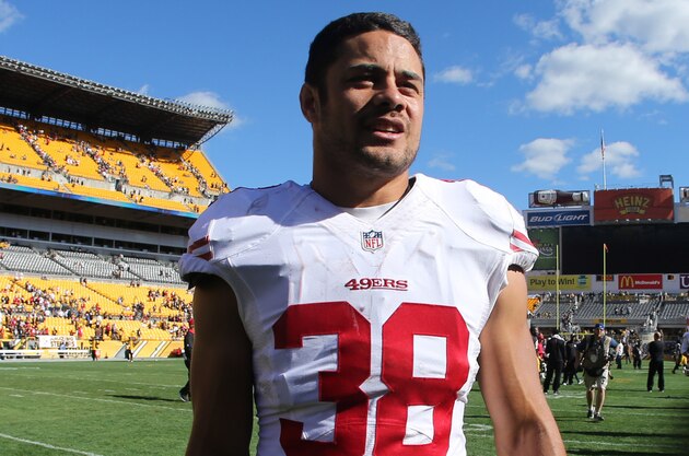 Sep 20, 2015; Pittsburgh, PA, USA; San Francisco 49ers running back Jarryd Hayne (38) walks off the field after playing the Pittsburgh Steelers at Heinz Field. The Steelers won 43-18. Mandatory Credit: Charles LeClaire-USA TODAY Sports
