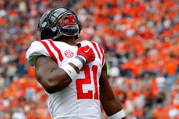 AUBURN, AL - OCTOBER 31:  Akeem Judd #21 of the Mississippi Rebels reacts after rushing for a touchdown against the Auburn Tigers at Jordan-Hare Stadium on October 31, 2015 in Auburn, Alabama.  (Photo by Kevin C. Cox/Getty Images)