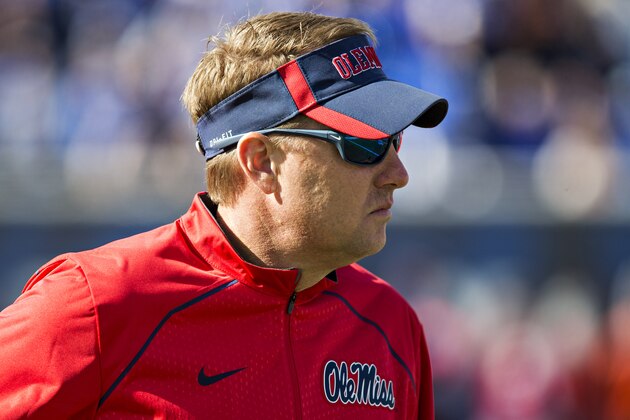 MEMPHIS, TN - OCTOBER 17:  Head Coach Hugh Freeze of the Ole Miss Rebels watches his team warm up before a game against the Memphis Tigers at Liberty Bowl Memorial Stadium on October 17, 2015 in Memphis, Tennessee.  The Tigers defeated the Rebels 37-24.  (Photo by Wesley Hitt/Getty Images)