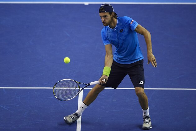 VALENCIA, SPAIN - OCTOBER 31:  Joao Souza of Portugal in action against Vasek Pospisil of Canada during day six of the ATP World Tour Valencia Open tennis tournament at the Ciudad de las Artes y las Ciencias on October 31, 2015 in Valencia, Spain.  (Photo by Manuel Queimadelos Alonso/Getty Images)