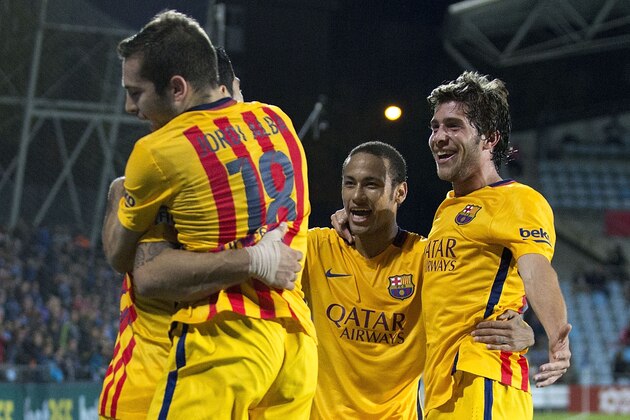 GETAFE, SPAIN - OCTOBER 31: Neymar JR. (2ndR)  of FC Barcelona celebrates with his teammates Sergi Roberto (R) and Jordi Alba (2ndL) Luis Suarez,s (L) opening goal during the La Liga match between Getafe CF and FC Barcelona at Coliseum Alfonso Perez on October 31, 2015 in Getafe, Spain.  (Photo by Gonzalo Arroyo Moreno/Getty Images)