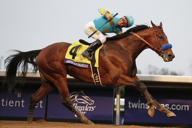 American Pharoah, with Victor Espinoza up, wins the Breeders' Cup Classic horse race at Keeneland race track Saturday, Oct. 31, 2015, in Lexington, Ky. (AP Photo/Brynn Anderson)