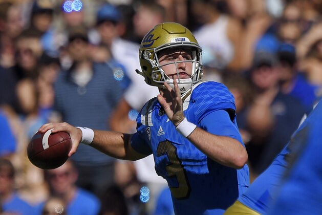 UCLA quarterback Josh Rosen passes during the first half of an NCAA college football game against Colorado, Saturday, Oct. 31, 2015, in Pasadena, Calif. (AP Photo/Mark J. Terrill)