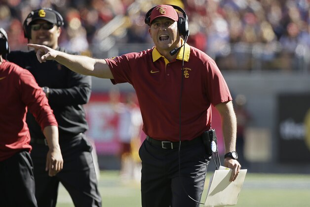 Southern California head coach Clay Helton gestures on the sideline during the second half of an NCAA college football game against California, Saturday, Oct. 31, 2015, in Berkeley, Calif. USC won the game 27-21. (AP Photo/Eric Risberg)