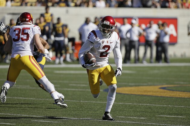 Southern California cornerback Adoree' Jackson returns an interception 46 yards for a touchdown during the second half of an NCAA college football game against California Saturday, Oct. 31, 2015, in Berkeley, Calif. USC won the game 27-21. (AP Photo/Eric Risberg)
