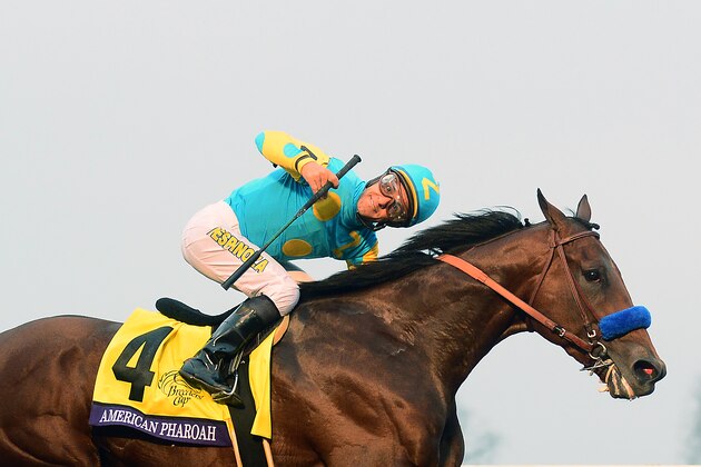 LEXINGTON, KY - OCTOBER 31:  American Pharoah #4, ridden by Victor Espinoza wins the field during the Breeders' Cup Classic during day two of the Breeders' Cup at Keeneland Racecourse on October 31, 2015 in Lexington, Kentucky. (Photo by Dylan Buell/Getty Images)