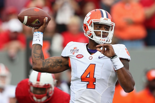 RALEIGH, NC - OCTOBER 31:  Deshaun Watson #4 of the Clemson Tigers throws a pass during their game against the North Carolina State Wolfpack at Carter-Finley Stadium on October 31, 2015 in Raleigh, North Carolina.  (Photo by Streeter Lecka/Getty Images)