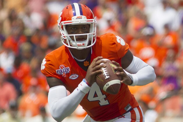 Sep 5, 2015; Clemson, SC, USA; Clemson Tigers quarterback Deshaun Watson (4) looks to pass the ball during the first half against the Wofford Terriers at Clemson Memorial Stadium. Mandatory Credit: Joshua S. Kelly-USA TODAY Sports