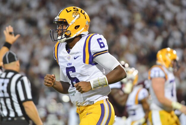 Sep 12, 2015; Starkville, MS, USA; LSU Tigers quarterback Brandon Harris (6) during the game against the Mississippi State Bulldogs at Davis Wade Stadium. LSU defeated Mississippi State 21-19. Mandatory Credit: Matt Bush-USA TODAY Sports