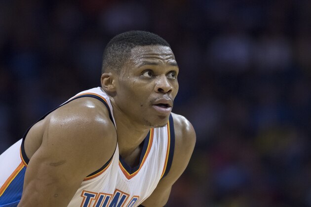 OKLAHOMA CITY, OK - OCTOBER 18:  Russell Westbrook #0 of the Oklahoma City Thunder during the third quarter of a NBA preseason game against at the Chesapeake Energy Arena on October 18, 2015 in Oklahoma City, Oklahoma. NOTE TO USER: User expressly acknowledges and agrees that, by downloading and or using this photograph, User is consenting to the terms and conditions of the Getty Images License Agreement. (Photo by J Pat Carter/Getty Images)