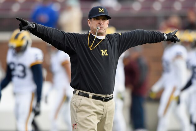 MINNEAPOLIS, MN - OCTOBER 31: Head coach Jim Harbaugh of the Michigan Wolverines looks on during warm-ups before the game against the Minnesota Golden Gophers on October 31, 2015 at TCF Bank Stadium in Minneapolis, Minnesota. (Photo by Hannah Foslien/Getty Images)