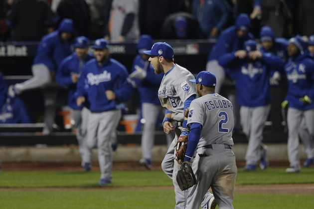 The Kansas City Royals celebrate their  win against the New York Mets in Game 4 of the Major League Baseball World Series Saturday, Oct. 31, 2015, in New York. The Royals won 5-3 to take a 3-1 lead in the series. (AP Photo/Peter Morgan)