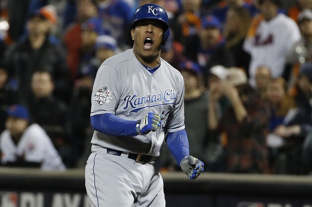 Kansas City Royals' Salvador Perez reacts after hitting an RBI single during the eighth inning of Game 4 of the Major League Baseball World Series against the New York Mets Saturday, Oct. 31, 2015, in New York. (AP Photo/Matt Slocum)