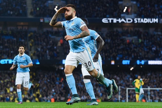 MANCHESTER, ENGLAND - OCTOBER 31: Nicolas Otamendi of Manchester City celebrates scoring his team's first goal  during the Barclays Premier League match between Manchester City and Norwich City at Etihad Stadium on October 31, 2015 in Manchester, England.  (Photo by David Ramos/Getty Images)