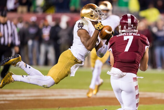 Oct 31, 2015; Philadelphia, PA, USA; Notre Dame Fighting Irish cornerback KeiVarae Russell (6) intercepts a pass intended for Temple Owls wide receiver John Christopher (7) in the fourth quarter at Lincoln Financial Field. Notre Dame won 24-20 Mandatory Credit: Matt Cashore-USA TODAY Sports Oct 31, 2015; Philadelphia, PA, USA; Notre Dame Fighting Irish cornerback KeiVarae Russell (6) intercepts a pass intended for Temple Owls wide receiver John Christopher (7) in the fourth quarter at Lincoln Financial Field. Notre Dame won 24-20 Mandatory Credit: Matt Cashore-USA TODAY Sports