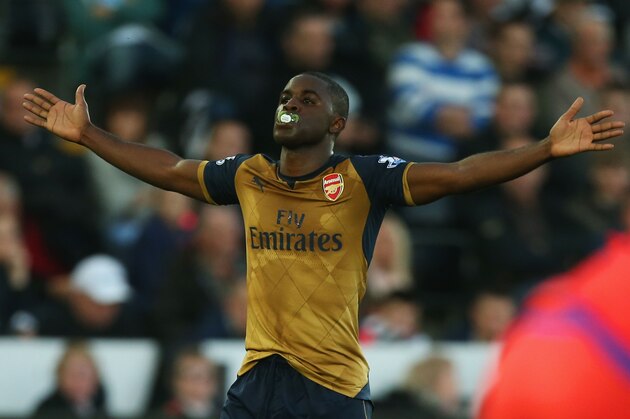 SWANSEA, WALES - OCTOBER 31: Joel Campbell of Arsenal celebrates scoring his team's third goal during the Barclays Premier League match between Swansea City and Arsenal at Liberty Stadium on October 31, 2015 in Swansea, Wales.  (Photo by Ben Hoskins/Getty Images)