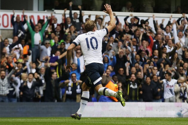Tottenham Hotspur's Harry Kane celebrates scoring during the English Premier League soccer match between Tottenham Hotspur and Manchester City at White Hart Lane stadium in London, Saturday, Sept. 26, 2015.  (AP Photo/Matt Dunham)