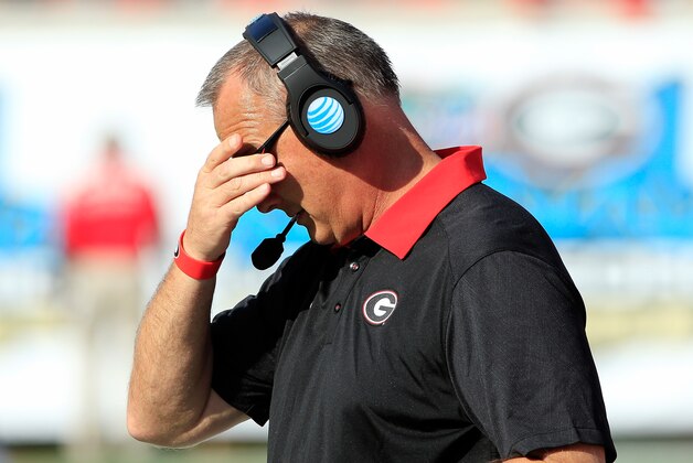 JACKSONVILLE, FL - OCTOBER 31:  Head coach Mark Richt of the Georgia Bulldogs adjusts his glasses during the game against the Florida Gators at EverBank Field on October 31, 2015 in Jacksonville, Florida.  (Photo by Sam Greenwood/Getty Images)