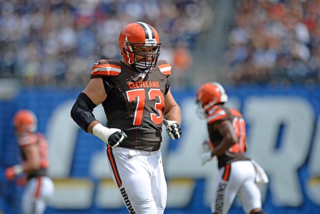 Oct 4, 2015; San Diego, CA, USA; Cleveland Browns tackle Joe Thomas (73) jogs onto the field during the first quarter against the San Diego Chargers at Qualcomm Stadium. Mandatory Credit: Jake Roth-USA TODAY Sports