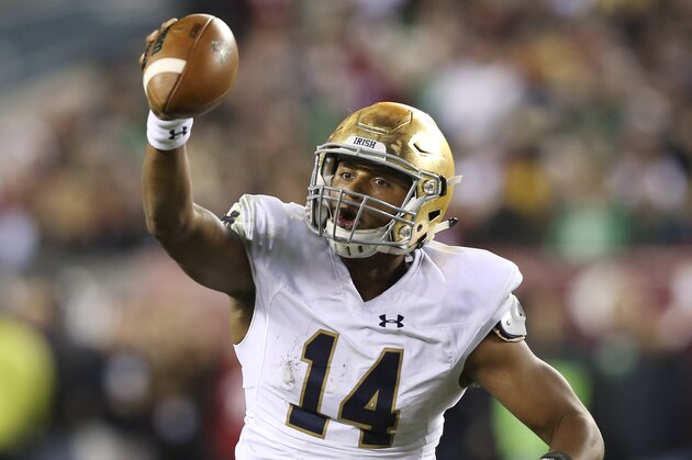 Notre Dame quarterback DeShone Kizer (14) looks to throw a pass during the second half of an NCAA college football game against Temple Saturday, Oct. 31, 2015, in Philadelphia. Notre Dame  won 24-20. (AP Photo/Mel Evans)