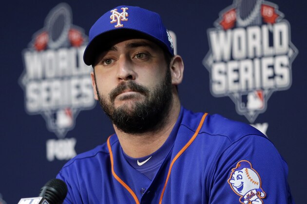 New York Mets starting pitcher Matt Harvey talks during media day for the Major League Baseball World Series Kansas City Royals Monday, Oct. 26, 2015, in Kansas City, Mo. (AP Photo/David J. Phillip)