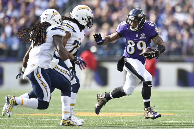 Baltimore Ravens wide receiver Steve Smith (89) keeps San Diego Chargers cornerback Jason Verrett (22) back as he carries the ball during the first half of an NFL football game in Baltimore, Sunday, Nov. 1, 2015. (AP Photo/Gail Burton)