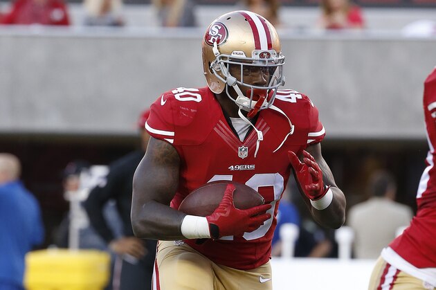 San Francisco 49ers running back Kendall Gaskins (40) before an NFL preseason football game against the San Diego Chargers in Santa Clara, Calif., Thursday, Sept. 3, 2015. (AP Photo/Tony Avelar)