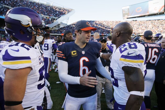Chicago Bears quarterback Jay Cutler (6) talks to Minnesota Vikings running back Adrian Peterson (28) after an NFL football game, Sunday, Nov. 1, 2015, in Chicago. The Vikings won 23-20. (AP Photo/Charles Rex Arbogast)