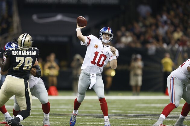 New York Giants quarterback Eli Manning (10) passes in the first half of an NFL football game against the New Orleans Saints in New Orleans, Sunday, Nov. 1, 2015.(AP Photo/Butch Dill)