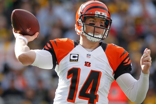 PITTSBURGH, PA - NOVEMBER 01:  Andy Dalton #14 of the Cincinnati Bengals looks to make a pass during the 1st quarter of the game against the Pittsburgh Steelers at Heinz Field on November 1, 2015 in Pittsburgh, Pennsylvania.  (Photo by Justin K. Aller/Getty Images)