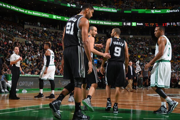 BOSTON, MA - NOVEMBER 1: Tim Duncan #21, Manu Ginobili #20 and Tony Parker #9 of the San Antonio Spurs are seen during the game on November 1, 2015 at the TD Garden in Boston, Massachusetts.  NOTE TO USER: User expressly acknowledges and agrees that, by downloading and or using this photograph, User is consenting to the terms and conditions of the Getty Images License Agreement. Mandatory Copyright Notice: Copyright 2015 NBAE  (Photo by Brian Babineau/NBAE via Getty Images)