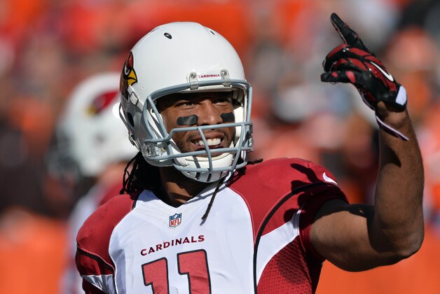 Nov 1, 2015; Cleveland, OH, USA; Arizona Cardinals wide receiver Larry Fitzgerald (11) motions to the crowd before the game between the Cleveland Browns and the Arizona Cardinals at FirstEnergy Stadium. Mandatory Credit: Ken Blaze-USA TODAY Sports